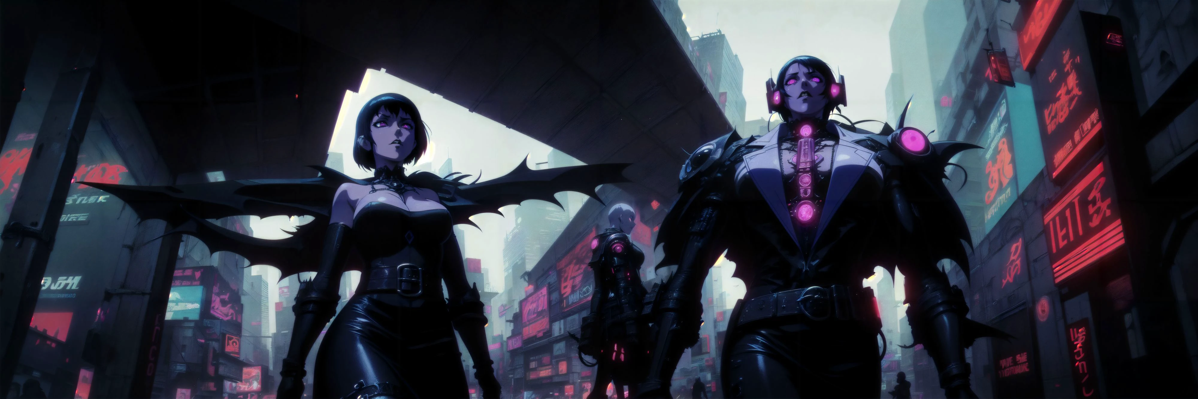 Generate a stunning (gothic architecture,  cyberpunk,  retro anime style:1.5),  a true [masterpiece] [best quality] of art.  [focus, solo, 1girl, ()dark skin:1.5, highly detailed gohtic dress, belt, walking]. Background in  [grand scale:1.5, panorama:1.5]. The image showcases [detailed linework], [dynamic shading], and [dramatic lighting], bringing to life a [dreading atmosphere, grim dark coloures].