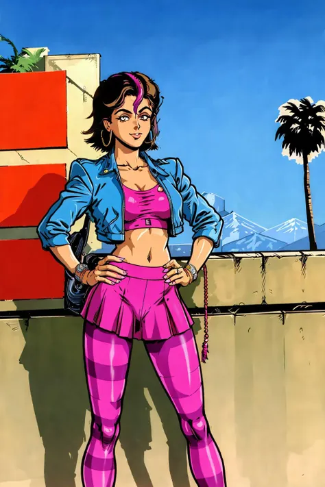 80s style, (by masamune shirow), retro style, a woman,mercedescortez,crop top,cropped jacket,skirt,striped pantyhose,standing,bending over,smile,hoop earrings,makeup,full body,outdoors,in concrete city,palm trees,at night, <lora:Cortez2:0.8>, <lora:LORA-XenoDetailer-v2:0.1>, <lora:skin_tone_slider_v1:1.5>