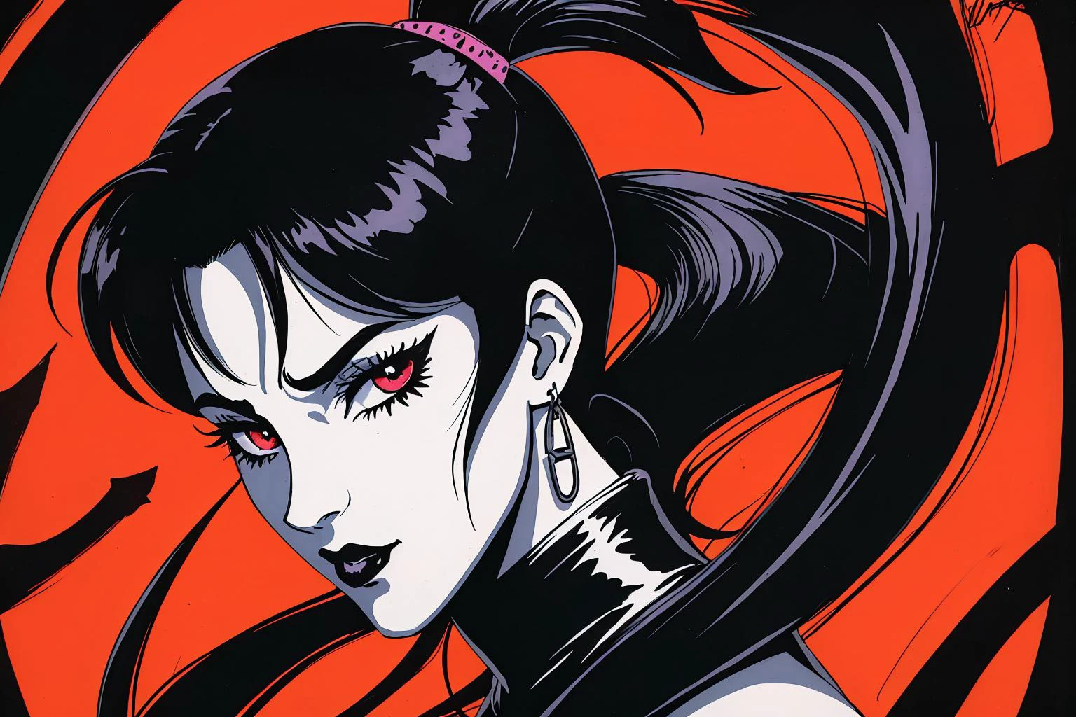 demon lady, black hair with polychromatic highlights, black eyes, black lipstick, smeared mascara, spooky, <lora:filmgrain_slider_v1:1>, OverallDetail, 1980s style, anime, stencil, hires scan, retro style, movie scene, film grain