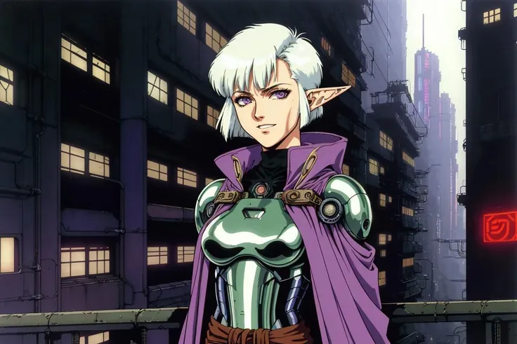 1990s style, highly detailed anime illustration of a (cyberpunk Elven [Mage|Woman] with pale skin and short Military cut white hair), purple eyes, perfect face, elven facial features, serious expression, looking at viewer, grin, (wearing futurist mage robes with golden cloak), synthetic, neuromancer, cybernetic augmentations, ambient light, brutalism, industrial cyberpunk city scape in background, muted colors, [akira|ghost in the shell] stills, oil on board, fine details, hires scan, dystopian, vigilante, elf punk, production cel (by Mamoru Oshii:1.1)