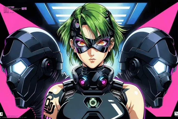 early 2000s style, front view, portrait anime illustration of a (alternative cyberpunk [Cyborg|Woman] with short military style neon hair), cyborg eyes eyes, perfect face, detailed facial features, [punk makeup], seductive expression, MOX, ((cybermask)), ambient light, wearing black tank top, heavy metal, pale skin, cyber tattoos, [Akira|Ghost in the shell] anime still, hires scan, stencil, bold colors, closeup, Edgerunners, art (by Hiroyuki Imaish)