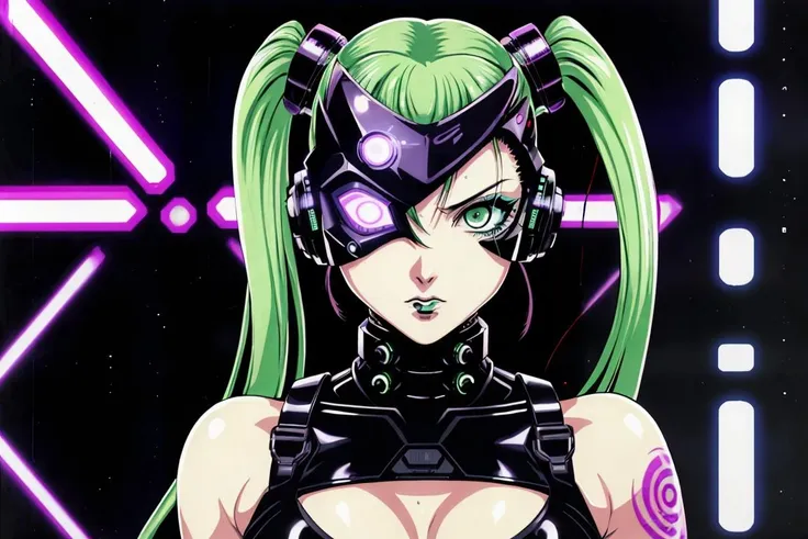 early 2000s style, front view, portrait anime illustration of a (alternative cyberpunk woman with neon twintail hair), green eyes, perfect face, detailed facial features, [punk makeup], seductive expression, MOX, ((cybermask)), ambient light, wearing black tank top, heavy metal, pale skin, cyber tattoos, [Akira|Ghost in the shell] anime still, hires scan, stencil, bold colors, closeup, Edgerunners, art (by Hiroyuki Imaish)