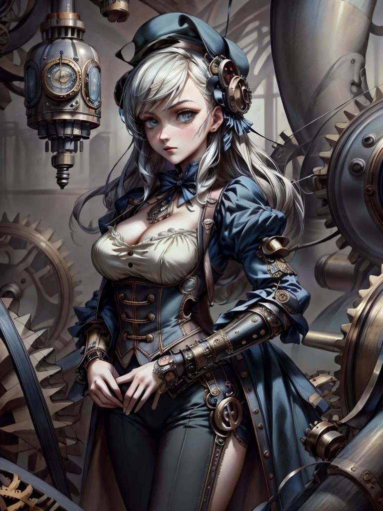 ((masterpiece)), ((best quality)), 8k, high detailed, ultra-detailed, ((mechanical girl)), ((steampunk aesthetics)), (clockwork mechanisms), (steam-powered contraptions), (cogs and gears), (victorian-inspired fashion), (industrial revolution), capturing the charm and intricacy of a mechanical girl in a steampunk world