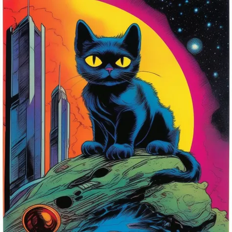 BAStyle, highest quality, a comic book illustration of a cute cat, [sci-fi artwork], bold colors, by Caza