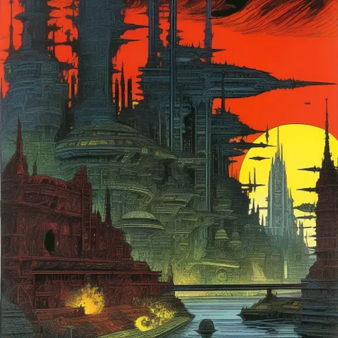 [sci-fi:fantasy:18] artwork, highly detailed comic book illustration of a gothic cityscape, bold colors, brutalism, 40k, Warhammer art, by Philippe Druillet
