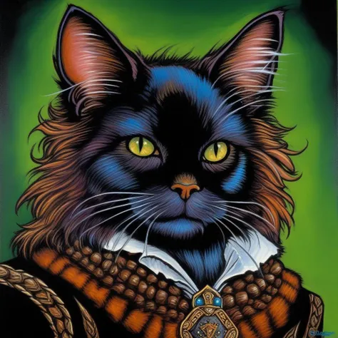 BAStyle, highest quality, a painting of a cute cat,  magic, [fantasy artwork], bold colors, by Clyde Caldwell