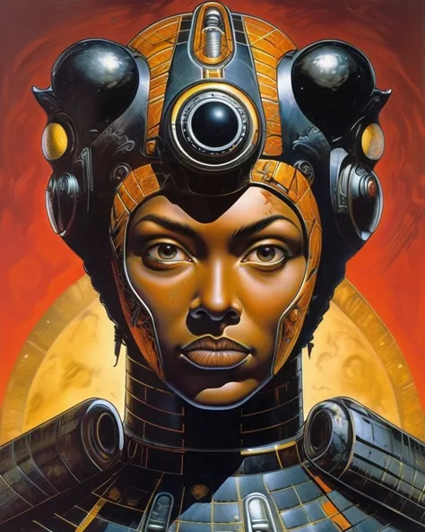 BAStyle, highest quality, a sci-fi illustration of a woman
young adult, balanced, african, light brown eyes, cupped ears, angular nose, angular forehead, unusual face shape, office/work makeup, light black (soft black) french twist hair, excitement ((by Philippe Druillet)) <lora:EnvyPulpScifiXL:0.4>