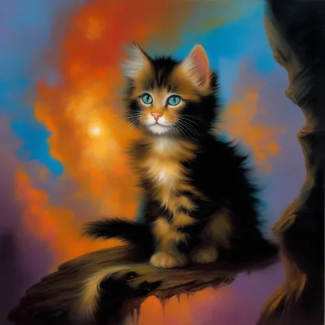 BAStyle, highest quality, a painting of a cute cat,  magic, [fantasy artwork], bold colors, by Ken Kelly