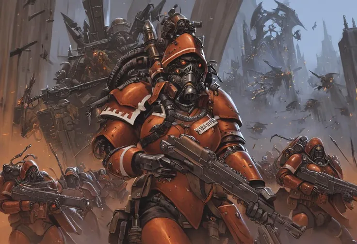 BAStyle, Female Skitarii Ranger, plasma rifle, red armor, solo, armor, helmet, dynamic composition, extremely detailed, marching into battle, grimdark hive city, gothic buildings, portrait, detailed facial features, adeptus mechanicus,
by Antonio J. Manzanedo,
<lora:tech_priest:1>