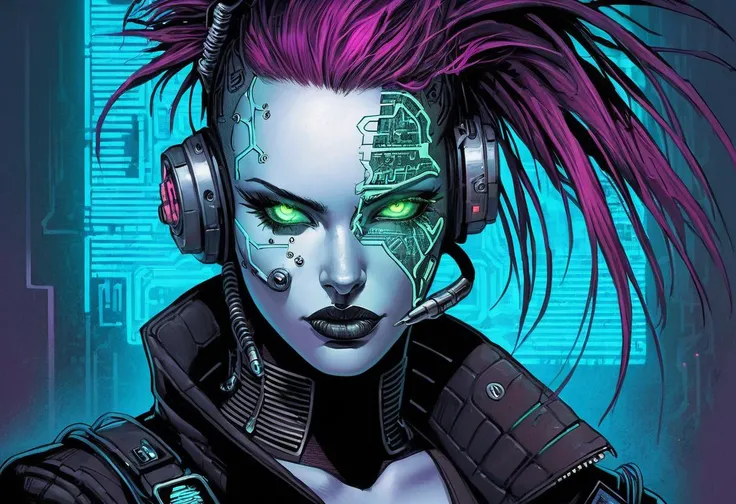Neuromancer, cyberpunk, female hacker, mechanical eyes, glowing, cyberwear, punk, alternative hair, extremely detailed, mechanical face parts, portrait,
by Simon Bisley