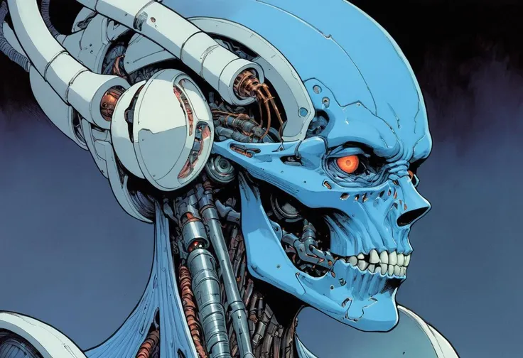 biomechanical enmity, female features, blue skin, biomechanical parts, evil, mechanical eyes,
by Moebius