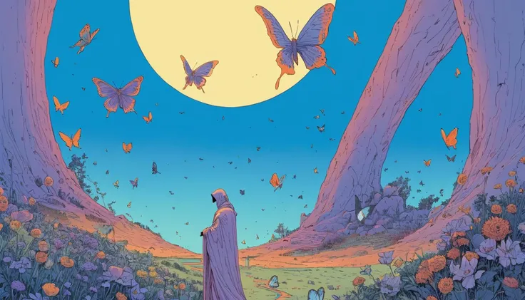 a wild world filled with light, flowers, butterflies, horror,
by Moebius