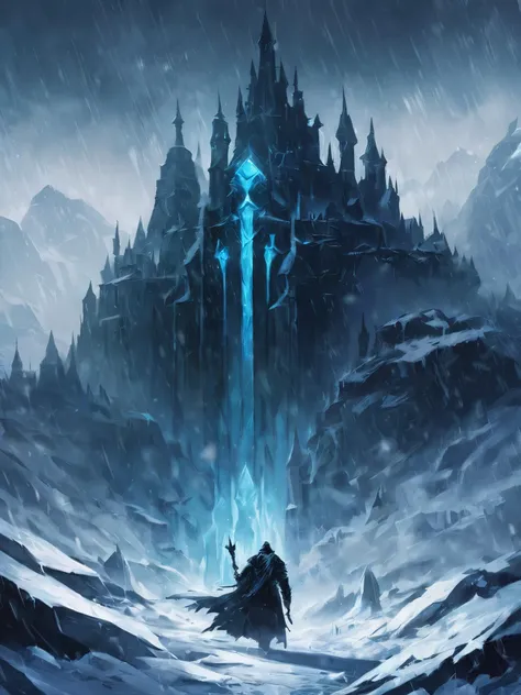 highest quality wallpaper, world of warcraft style, filled with frost image of dark citadel, frozen wasteland, snowstorm, gloomy atmosphere