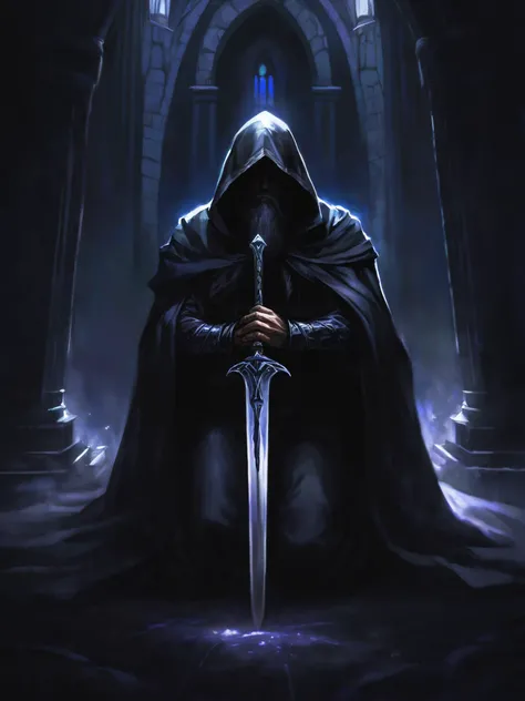 epic photoshoot of dark paladin in castle filled with magic lights, bearded old face with sadness and sorrow, kneeling paladin pray, lean on large sword hilt, hood, dark scene, dim lights, lowkey, intricate angle
