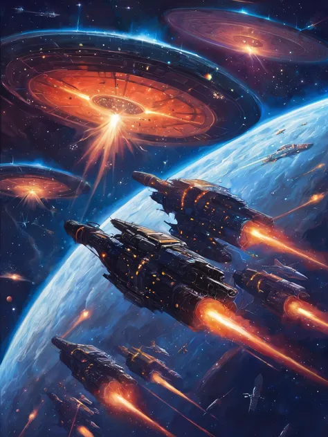 highest quality wallpaper, deep space battle of small spaceships against huge orbital space station, highly detailed small spaceships, nebulas, stars, 70's style art