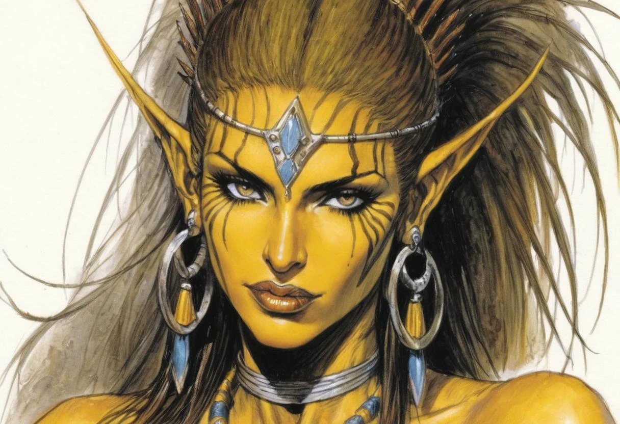Githyanki woman, dungeons & dragons, yellow skin, detailed face, portrait,
by Luis Royo