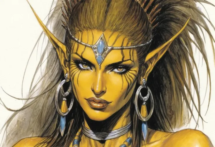 Githyanki woman, dungeons & dragons, yellow skin, detailed face, portrait,
by Luis Royo