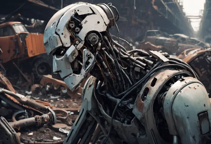 Industrial robot, female features, gritty, junkyard, broken, sad, mechanical parts, made of plastic and silicone, dirty, :(, dystopian,
by Jakub Różalski