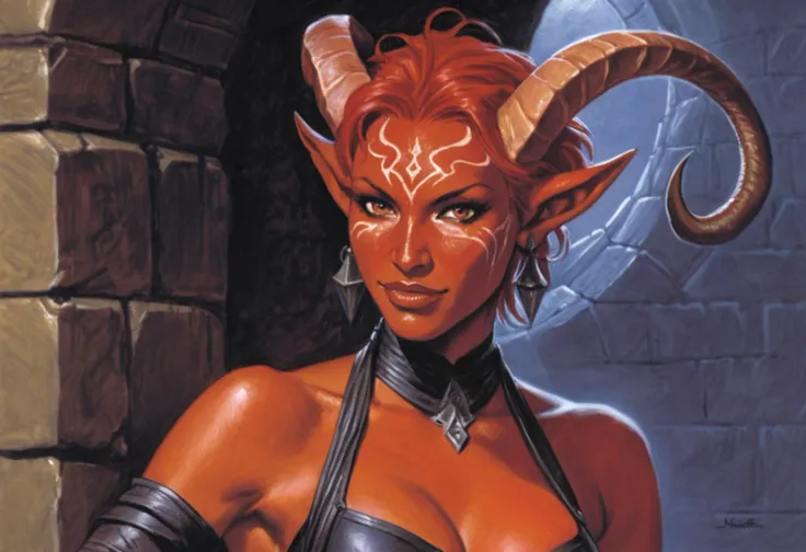 Tiefling woman, Dungeons & Dragons, horns, red skin, detailed face, portrait, short hair, cleavage,
by Ted Nasmith