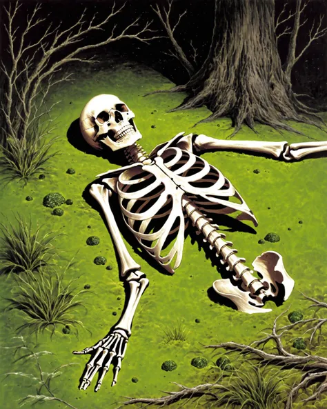 <lora:OMG-Is-DucHaiten_v1.0:0.45>, by Ted Nasmith, <lora:Vikings_Creepy_Skeleton_Crew:1> skeleton skull lying on the ground, mold, algae,