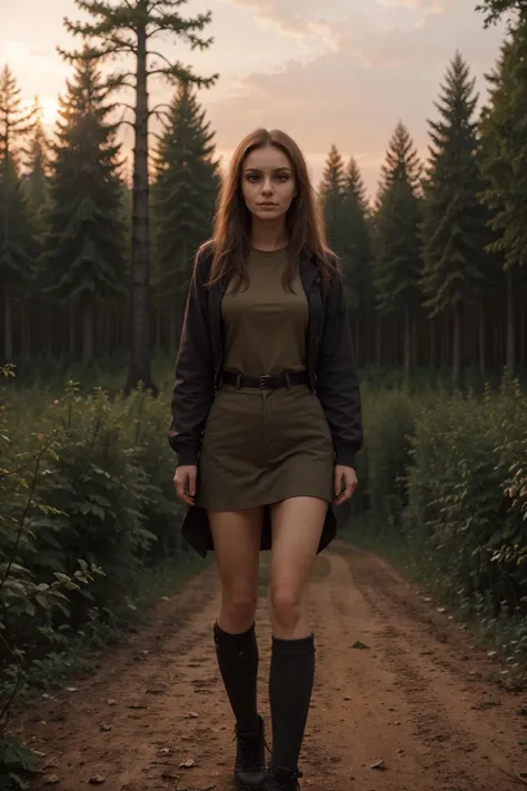 loranever, woman, forest, sunset, <lora:lora_never_smiles:0.8>