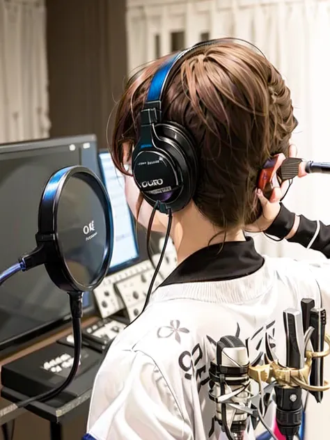 masterpiece, best quality, ultra-detailed, illustration,
recbooth, solo, microphone, headphones, realistic, brown hair, shirt, cable, white shirt, from behind, microphone, microphone stand,
<lora:recording_studio:1>