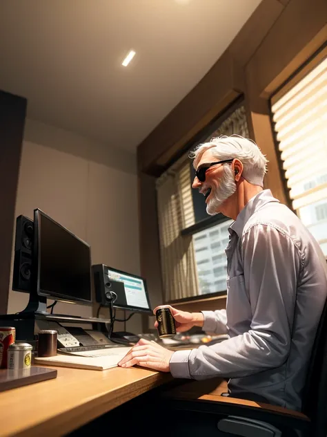 masterpiece, best quality, ultra-detailed, illustration,
controlroom, scenery, speaker, clock, computer, indoors, chair, table, monitor, instrument, window, ceiling light, light, night, lamp,
(older man), silver hair , short cut, (mascular male:1.5), (sunglasses), hold beer can, laughing,
<lora:recording_studio:0.6>
