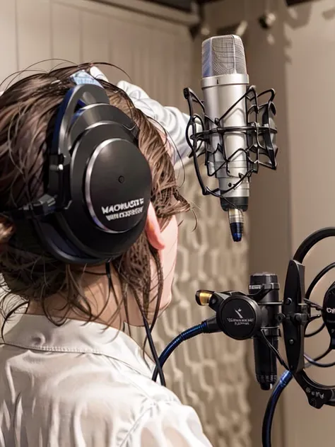 masterpiece, best quality, ultra-detailed, illustration,
recbooth, solo, microphone, headphones, realistic, brown hair, shirt, cable, white shirt, from behind, microphone, microphone stand,
<lora:recording_studio:1>