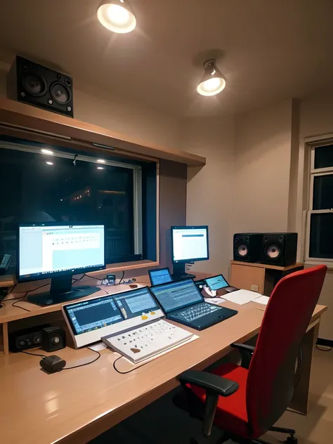 masterpiece, best quality, ultra-detailed, illustration,
controlroom, scenery, speaker, clock, computer, indoors, chair, table, monitor, instrument, window, ceiling light, light, night, lamp
<lora:recording_studio:0.6>