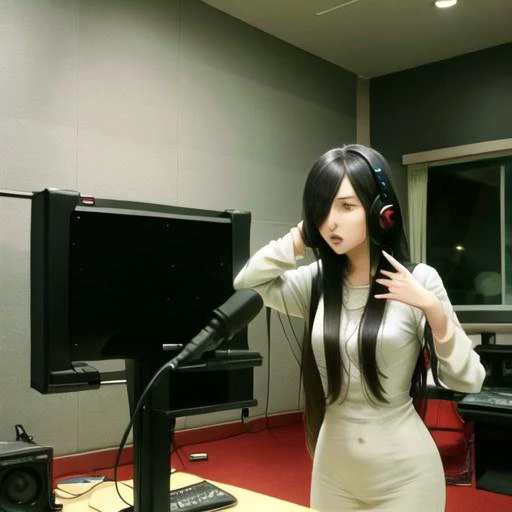 masterpiece, best quality,ultra-detailed, sadako_yamamura, <lora:Sadakobest:0.8>, whitedress, <lora:recordingStudio_v1:0.7>,dynamic microphone, microphone stand, recbooth, holding headphones on head, curtains, window, indoors, door, scenery, lamp, chair, light,monitor,