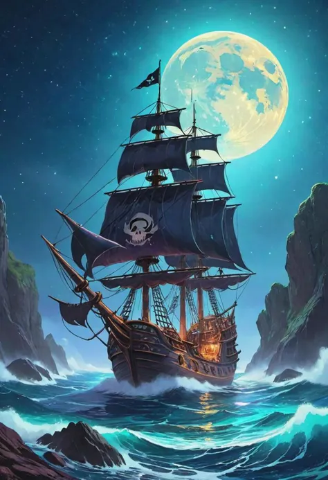 Hyperrealistic Vibrant Mythical And Mystical Hyperrealistic Intricate Dark Spooky Aura Pirate Ship Sailing On Rocky Wavy Seas, Bioluminescent Blue Glowing Vibrant Coloring, All In Beautiful Shades Of Color, Cosmic Galactic Stunning Moonscape Of Many Colors And Bright Stars In The Night Sky With A Gigantic Mystical Full Moon Nebula, 64k Masterpiece, 8k, UHD