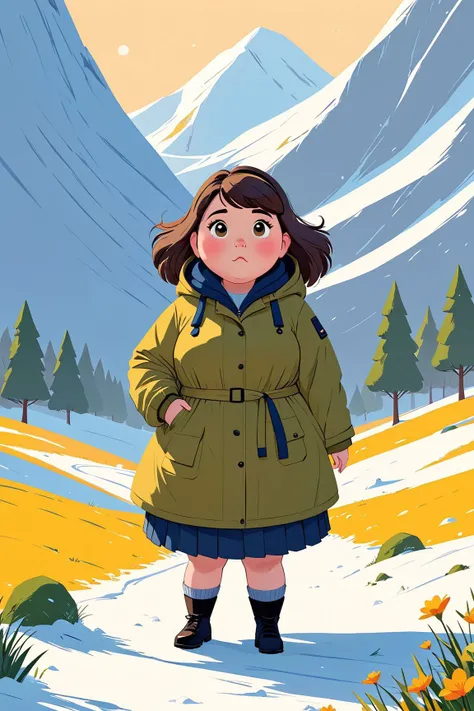 Adorable 3D Character, Literary visuals, capturing stories, and emotions as seen through the pages of a book.,Engulfed in cold, with barren landscapes and possible snow.,(an french girl very fat and cute girl in a anorak) ,pose,18 yo,Capturing movement, emphasizing dynamism or passage of time.,The Garden of Eden,Minimalistic background, focusing solely on the subject. , 3D render, adorable character, 3D art