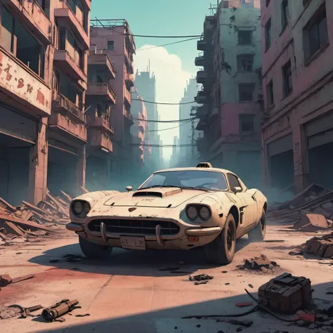 cinematic film still an futuristic cyberpunk, dieselpunk sports car in a destroyed city after an nuclear blast