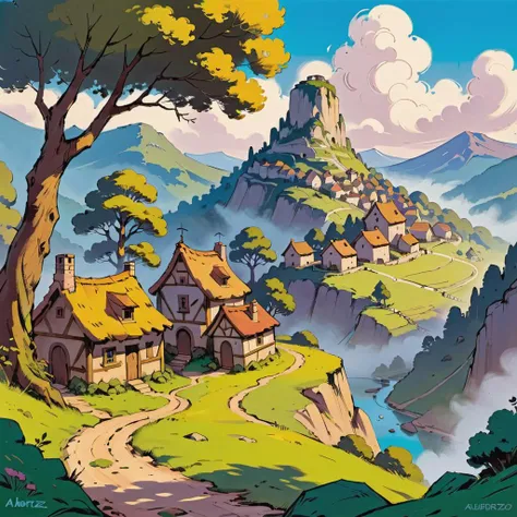 landscape of an ancient Gallic village in a mountain, art by Albert Uderzo <lora:pixelbuildings128-v2:0.2>