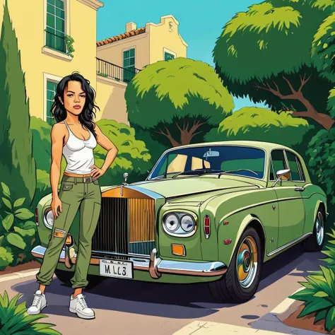 cartoon style, flat color, portrait, (Michelle Rodriguez) posing, near a Rolls Royce car, greenery, masterpiece, best quality