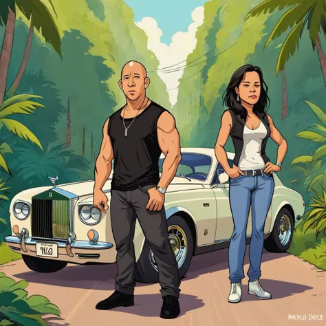 cartoon style, flat color, portrait, (Vin Diesel and Michelle Rodriguez) posing, near a Rolls Royce car, greenery, masterpiece, best quality