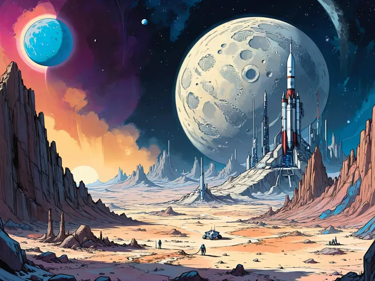 amazing landscape of a futuristic base on the moon. a rocket is launch, A masterful blend of detailed linework and a vivid color palette characterizes this Artgerm-inspired comic book panel. The composition is carefully crafted, showcasing characters in a fantastical setting. The play of light and shadow enhances the dramatic and epic feel of the scene