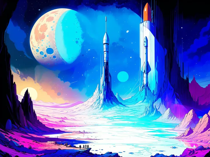 amazing landscape of a futuristic base on the moon.  a rocket is launch, A masterful blend of detailed linework and a vivid color palette characterizes this Artgerm-inspired comic book panel. The composition is carefully crafted, showcasing characters in a fantastical setting. The play of light and shadow enhances the dramatic and epic feel of the scene