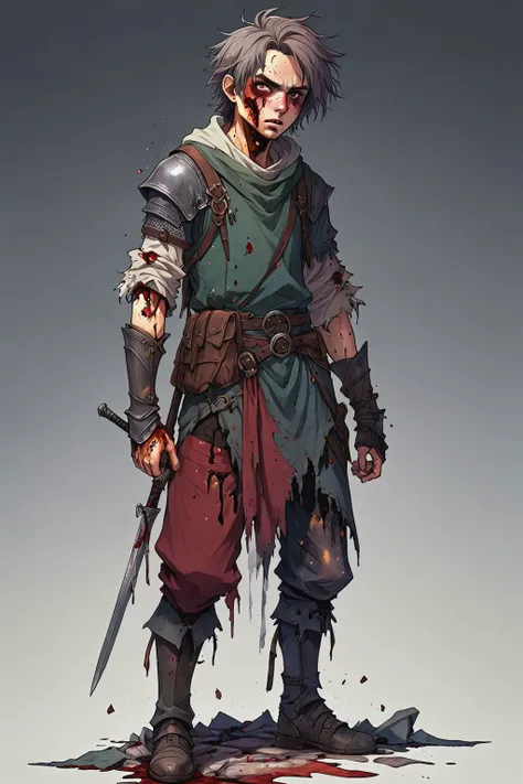 highly detailed character, fantasy adventurer, knight, (full body:1.2), <lora:more_details:0.3>
(injured:1.1), (bloodshed:0.5), (bruises:3.0), (dirty hair:1.3), (broken clothes:1.8), (ripped clothes:1.5),clear eyes, crazy face