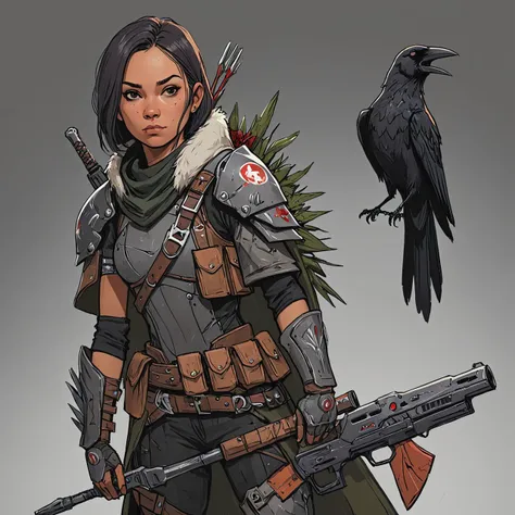 epic scifi rogue cheyenne character concept holding weapon, intricate garbage armor, thorns, crow on shoulder, hero pose