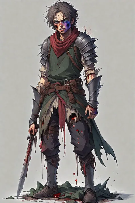 highly detailed character, fantasy adventurer, knight, (full body:1.2), <lora:more_details:0.3>
(injured:1.1), (bloodshed:0.5), (bruises:3.0), (dirty hair:1.3), (broken clothes:1.8), (ripped clothes:1.5),clear eyes, crazy face