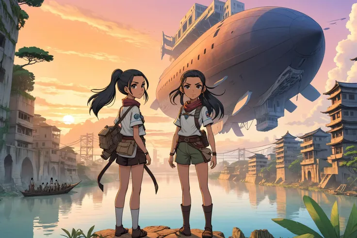 (masterpiece, best quality:1.4), white girl with Explorer Outfit, africa ruins, ancient skyscraper, river , sunset japanese anime style, looking at viewer, black long ponytail, illustration, , highly detailed, Ancient-looking giant airships floating in the sky,