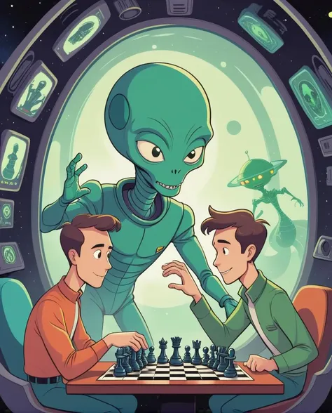 a chess game, a man playing with an alien in a spaceship, cartoon style