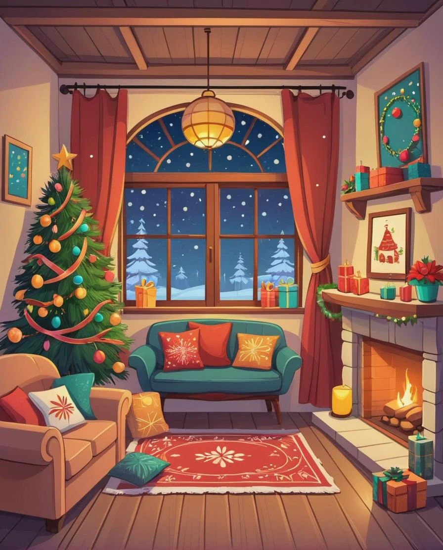 Interior of cozy house, new year decoration, cartoon style