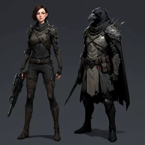 epic scifi rogue character concept holding weapon, intricate garbage armor, thorns, crow on shoulder,  hero pose