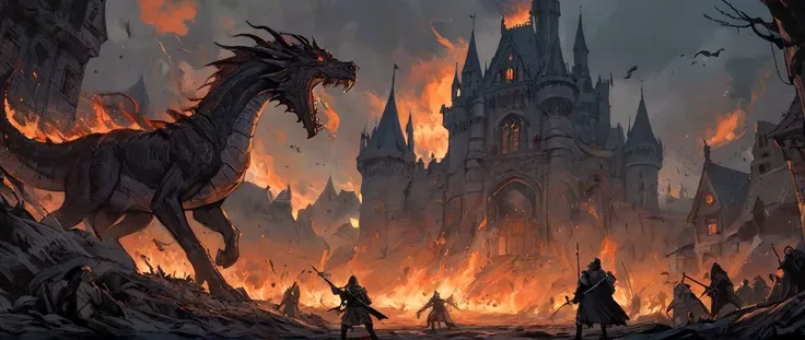 graphic novel illustration (vibrant:0.7) dark comic book ink style, an epic battle against dragon's riders, in dark fantasy kingdom, intricate medieval street background, archery, horses, paesants, burning sky, Dark and gritty, epic scene, dramatic lighting
