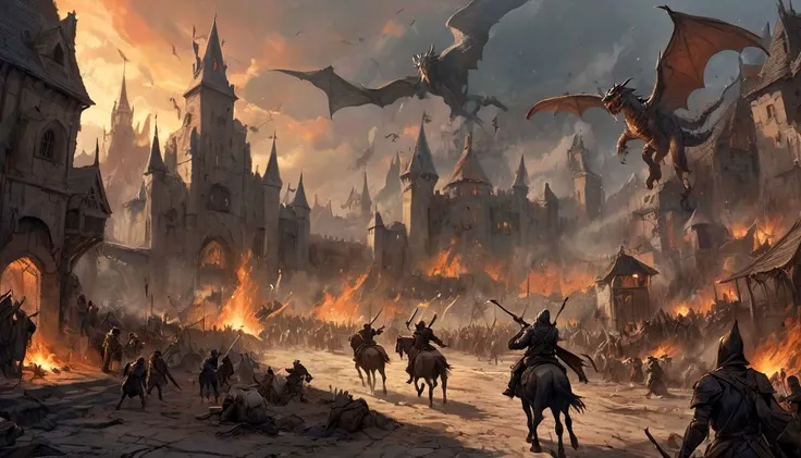 graphic novel illustration (vibrant:0.7) dark comic book ink style, an epic battle against dragon's riders, in dark fantasy kingdom, intricate medieval street background, archery, horses, paesants, burning sky, Dark and gritty, epic scene, dramatic lighting