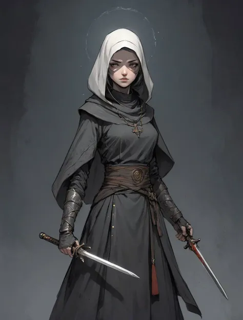 graphic novels illustration style, full body, dark fantasy, sketch, roughs, professionnal AAA game (character concept:1.3), a blind warrior nun with cloth over her eyes focus, holy warrior, double sword, intricate design, dark fantasy background, rim lighting