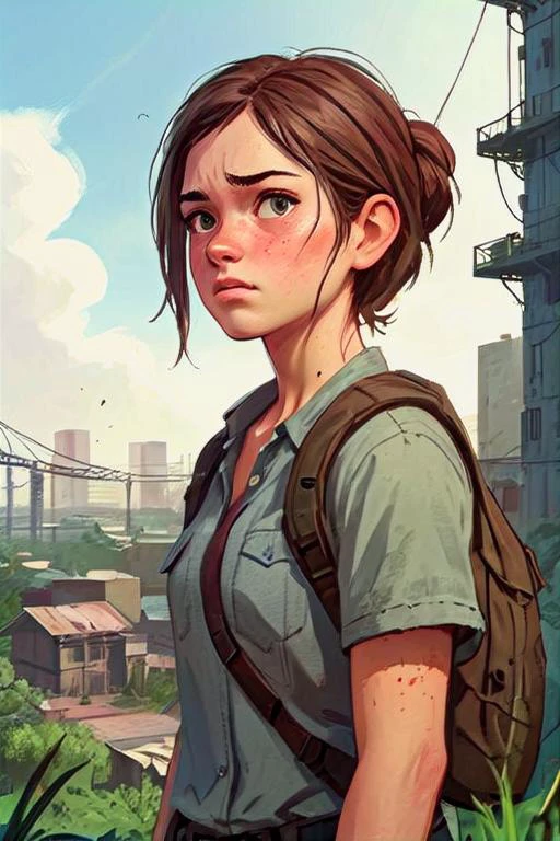 graphic novels illustration of Ellie from The Last of Us, rugged and determined, amidst a post-apocalyptic cityscape, overgrown with nature, armed and alert, subtle emotional depth in her eyes, digital painting, artstation, sharp focus, high resolution, capturing the essence of survival and resilience, trending on PlayStation Art, 8k.