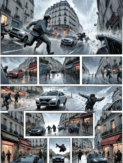 storyboard, white border comic panel layout, multiple views, immersive, go pro, action pose, complexe collage, crowded streets in montmartre, France, police cars chase a black bandit cars through the streets of Paris,epic chase, 2022, comics strip (, funny expressions of pilots drivers:1.3), heavy rain, dramatic sky, motion trails, graphic novels, multiple view, storyboard